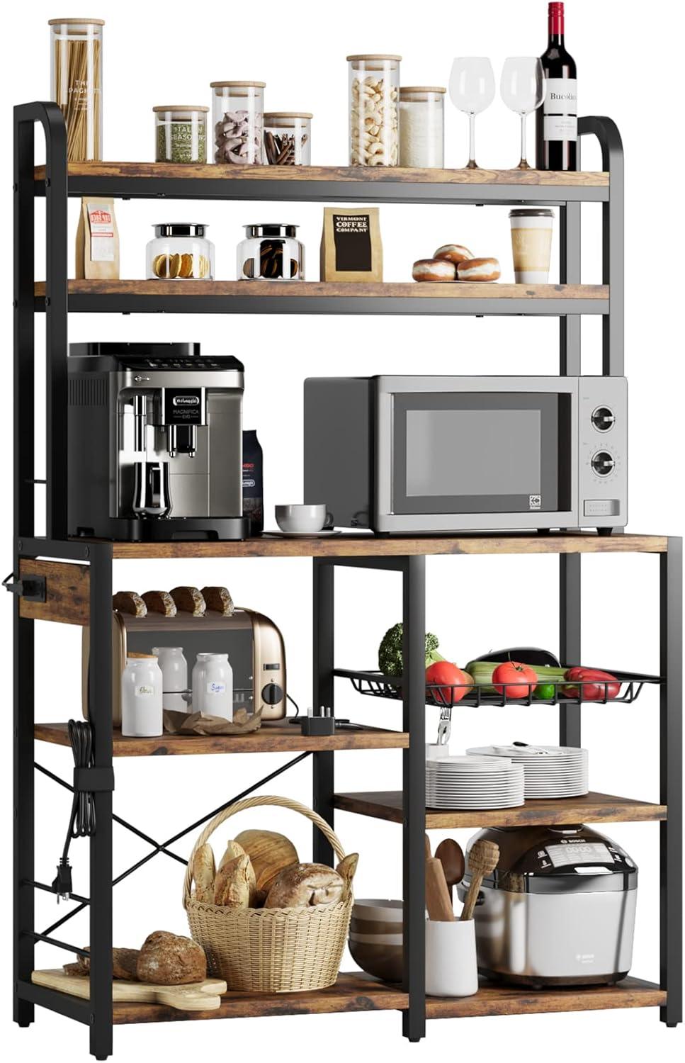 BakersRack with Power Outlet, Coffee Bar with Wire Drawer, Industrial Microwave Stand, Kitchen Buffet Table with Large Storage, 6-Tier Kitchen Storage Rack with Hutch, Rustic Brown