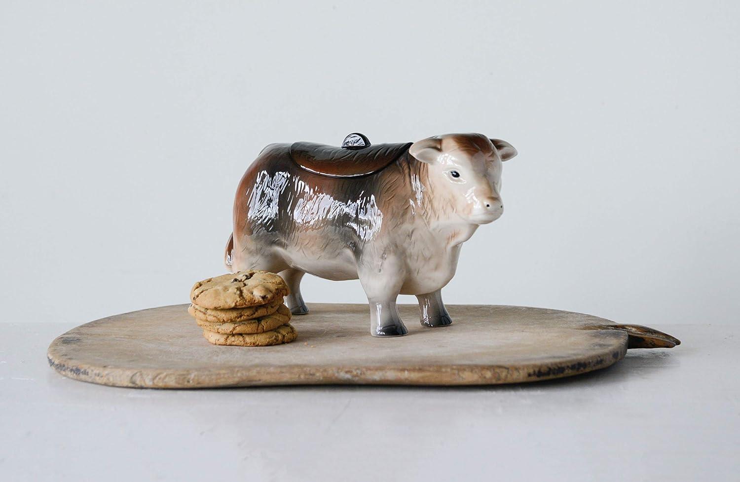 Storied Home 12.75" x 7" Vintage Ceramic Cow Shaped Cookie Jar Brown: Harvest Theme, Spot Clean Storage