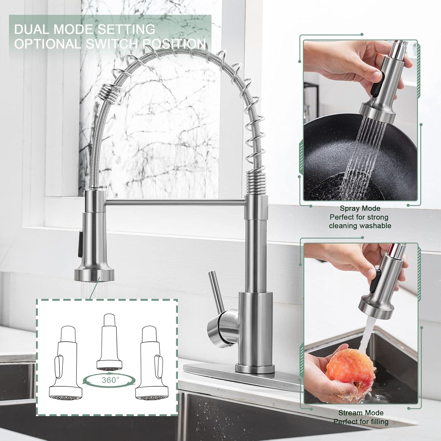 Besdor Kitchen Faucet with Pull Down Sprayer, Spring Single Handle Faucet for Kitchen Sink, Two Function Sprayer, 360-degree Rotation, with Deck Plate, 304 Food Grade Stainless Steel, Brushed Nickel