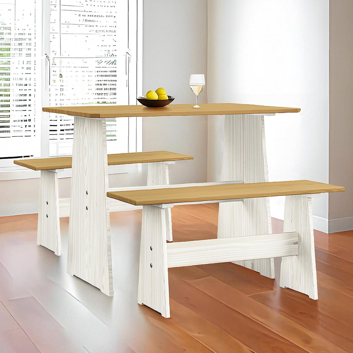 Urban Home Furniture Chapman 3 Piece Casual Dining 2-Tone Natural/White Solid Pine Wood Kitchen Table Set with 2 Benches, Kitchen Dining Set