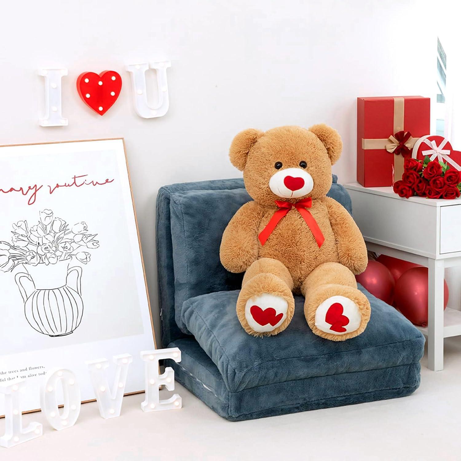 HollyHOME Big Teddy Bear Stuffed Animal Large Bear Plush with Red Heart for Girlfriend and Kids Holiday Toy Gift 36 inch Tan