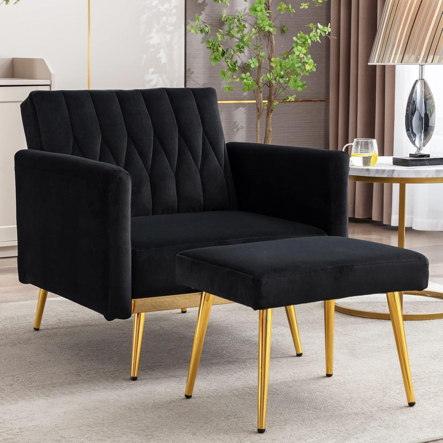 Black Velvet Accent Chair with Ottoman and Gold Metal Legs