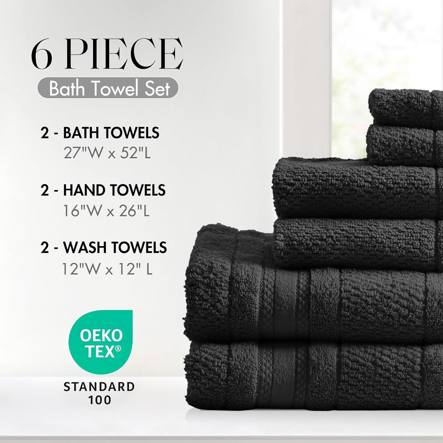 6pc Roman Super Soft Cotton Quick Dry Bath Towel Set Black - Madison Park: OEKO-TEX Certified, Lightweight