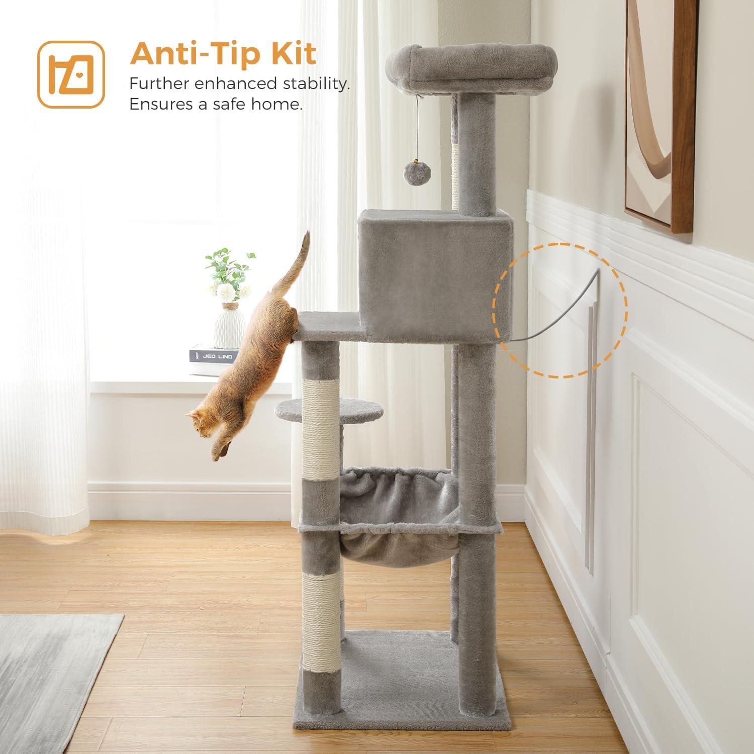 56.3" Indoor Multi-Level Tall Cat Tower With Large Hammock, Scratching Posts, Cozy Condo And Top Perch
