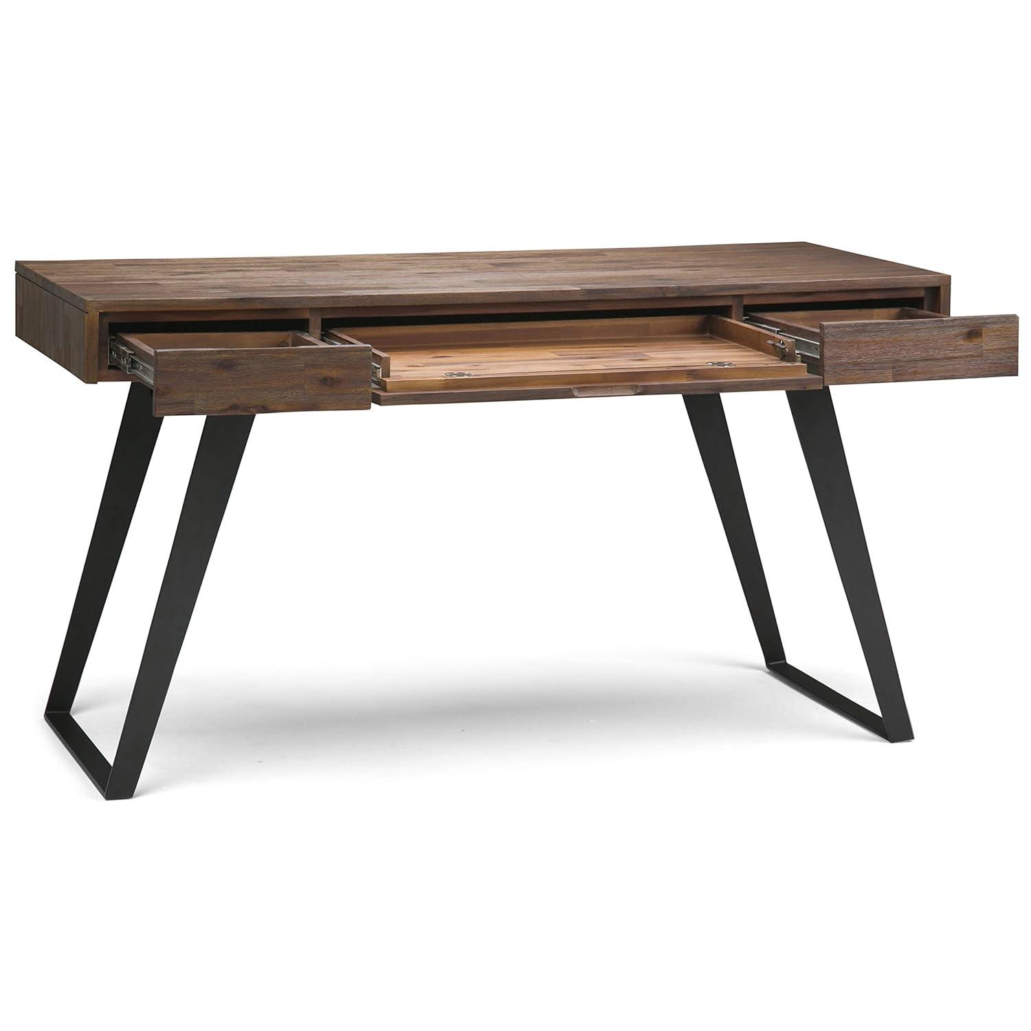 Simpli Home Lowry Solid Acacia Wood Desk, Industrial Style with Keyboard Tray and 2 Drawers