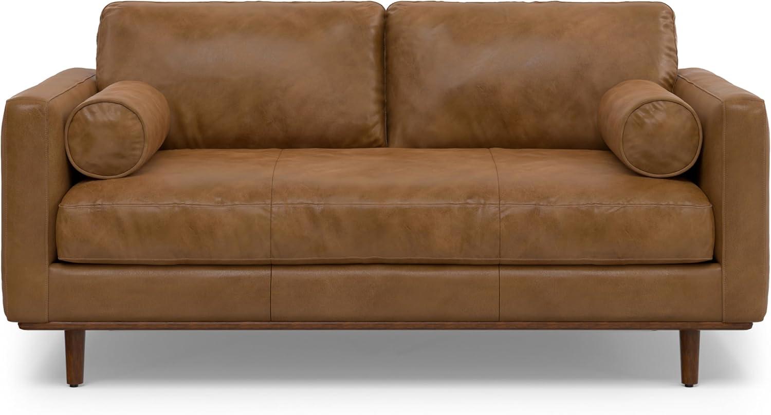 Simpli Home Morrison Mid-Century Modern 72 inch Wide Sofa in Caramel Brown Genuine Leather