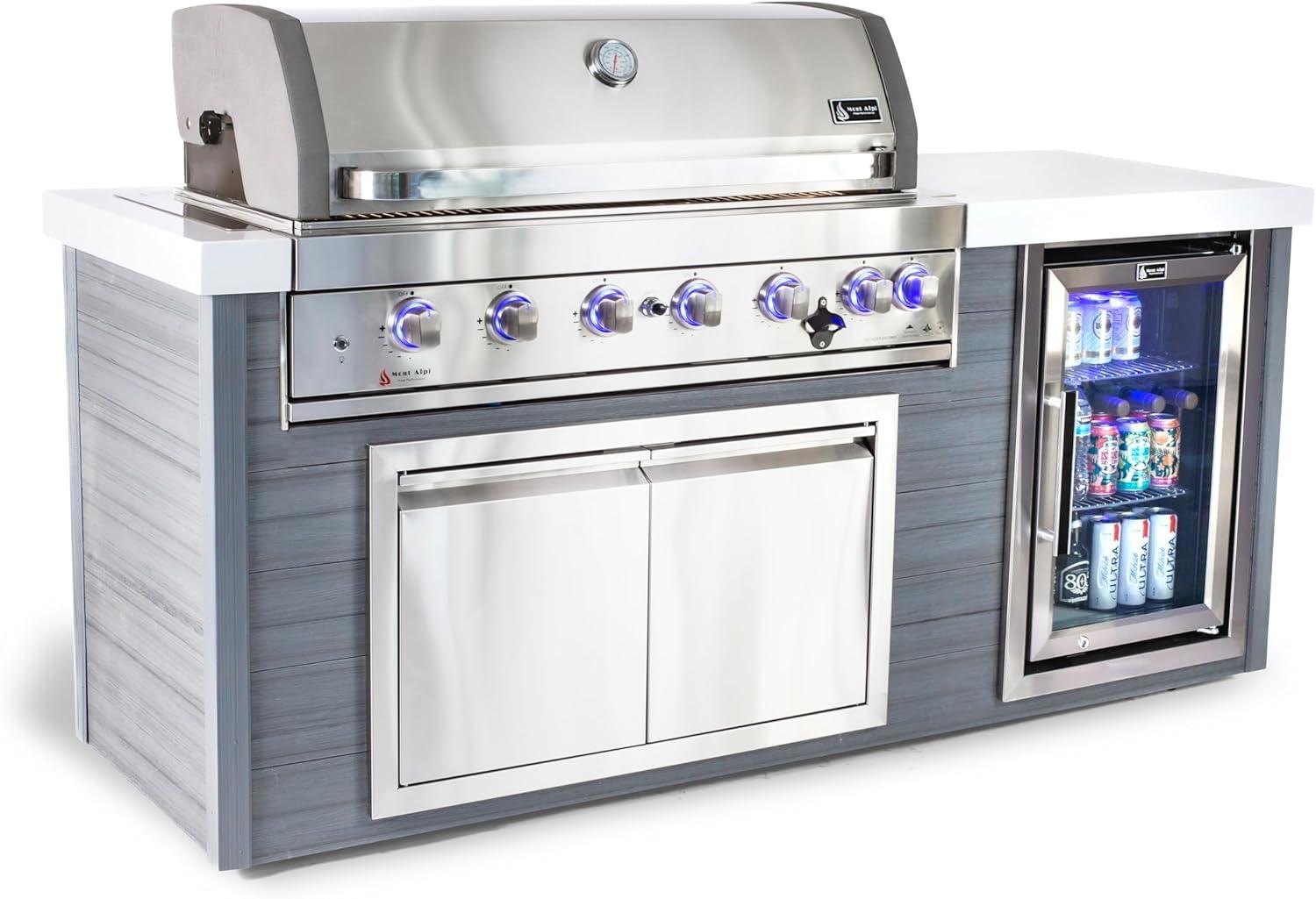 Mont Alpi MA805-AW Artwood Series High Density Polyethylene 6-Burner 87000 BTU Propane Natural Gas Stainless Steel Outdoor Kitchen Island Grill + Granite Countertops + Double Access Doors + Refrigerator