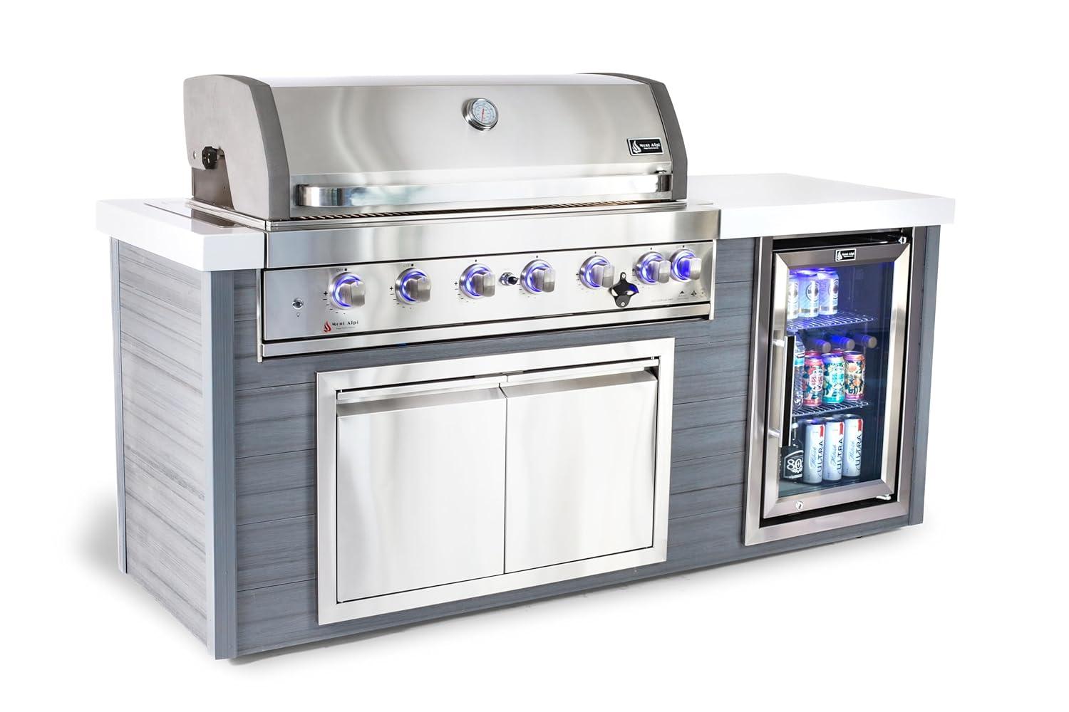 Mont Alpi MA805-AW Artwood Series High Density Polyethylene 6-Burner 87000 BTU Propane Natural Gas Stainless Steel Outdoor Kitchen Island Grill + Granite Countertops + Double Access Doors + Refrigerator