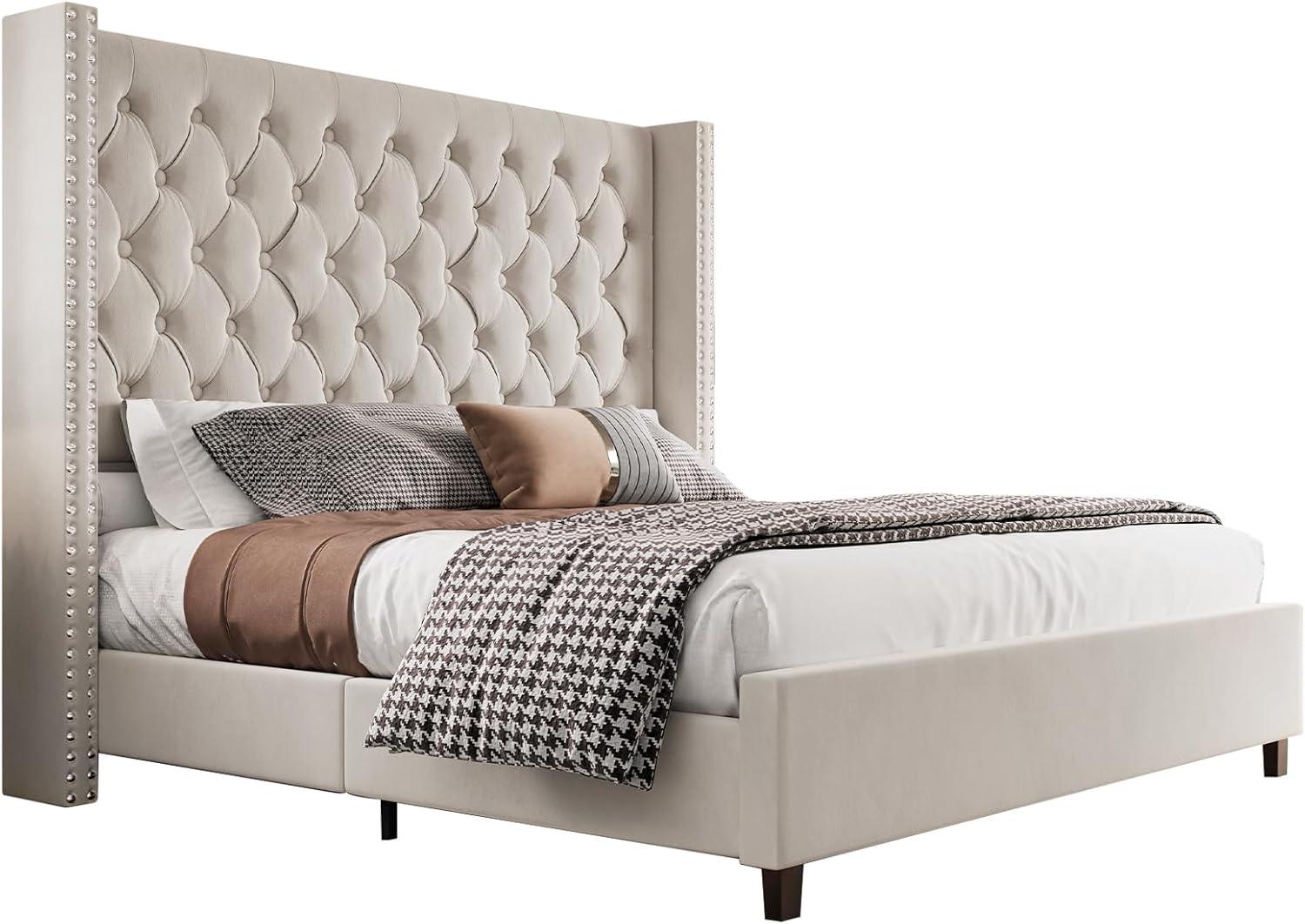 Merluxy Queen Bed Frame with 61.4" Handmade Deep Button Tufted Headboard/Cream