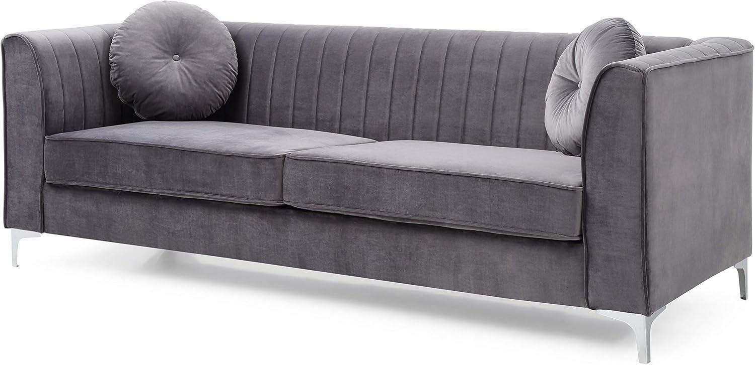 Contemporary Gray Velvet Tuxedo Arm Sofa with Silver Accents