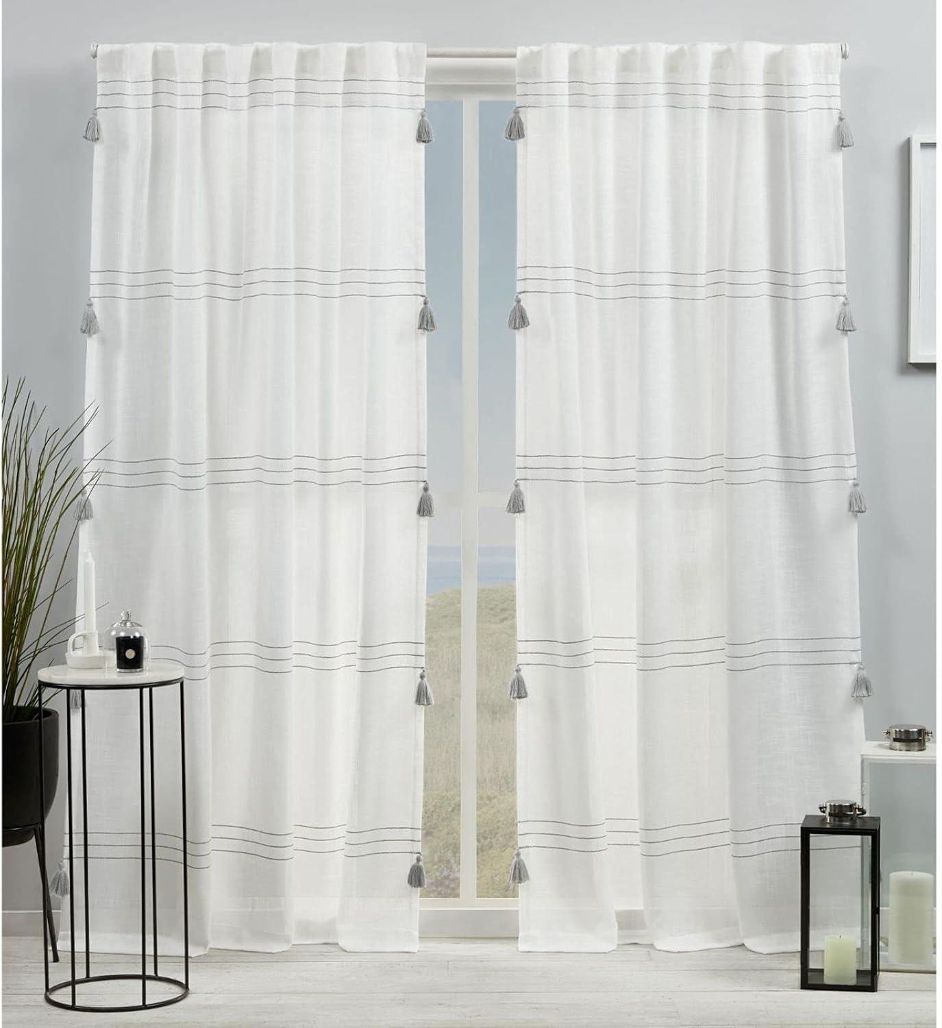 Gray Light Filtering Linen-Blend Curtain Panel with Tassels