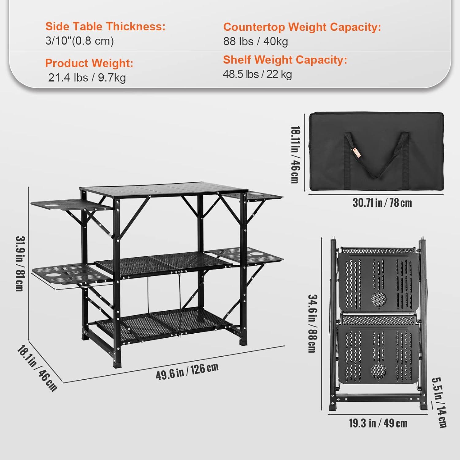 Black Aluminum Folding Camping Kitchen Table with Shelves and Carry Bag