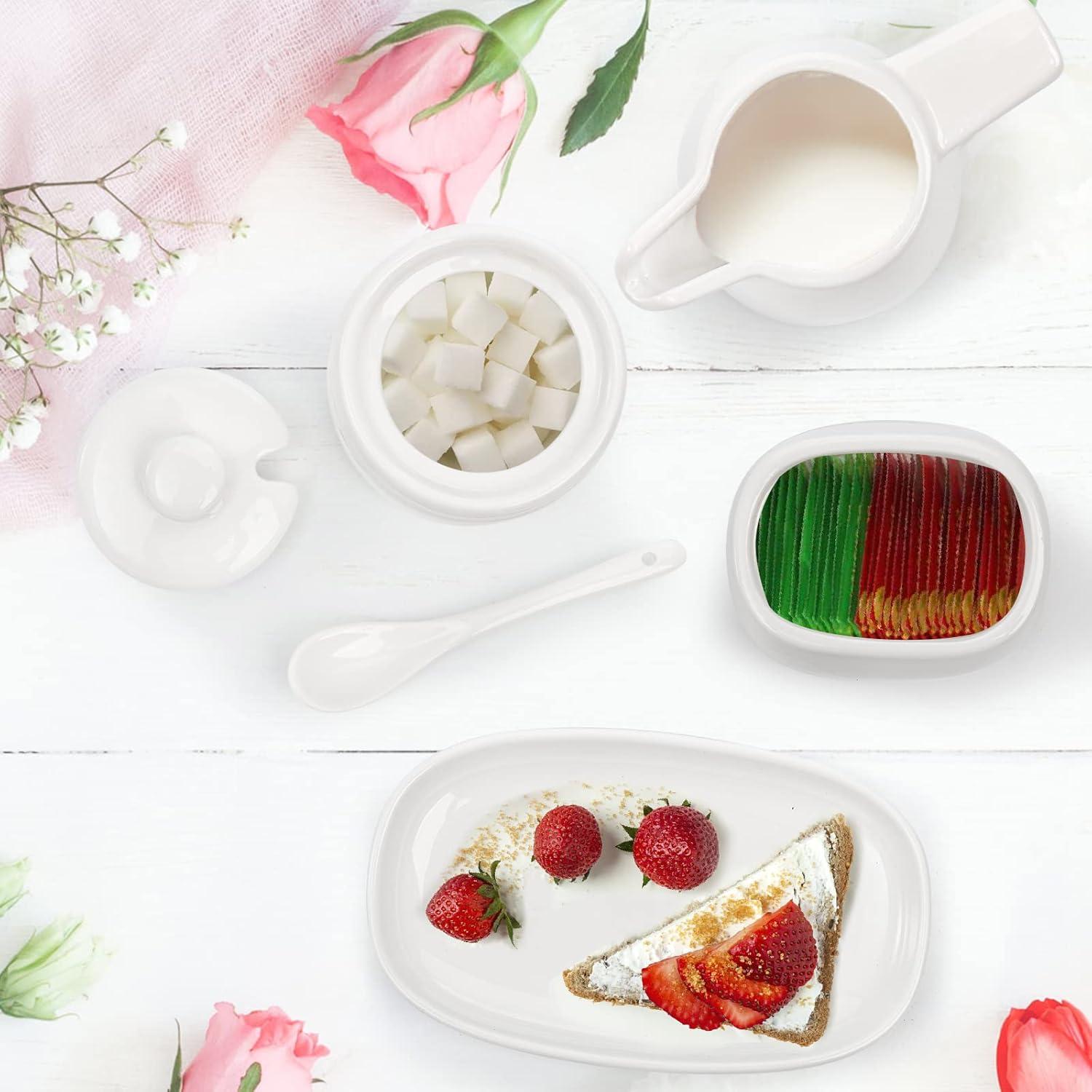 Stack man Set Of 4 Porcelain Creamer And Sugar Set With Saucer, Sugar Bowl With Lid And Spoon, Cream Pitcher, Sweetener Holder, Coffee Serving Set For Kitchen Home Cafe Party, Restaurant, White