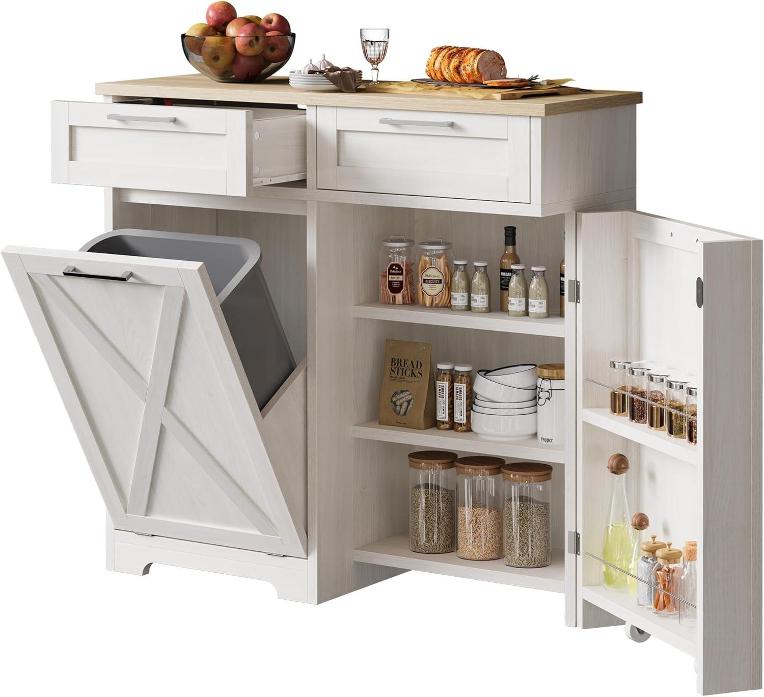 Coraluna Tilt Out Trash Can Cabinet for 10 Gallon Kitchen Island w/ Drawers Freestanding