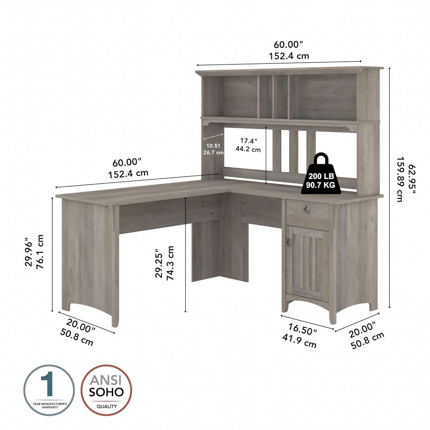 Bush Furniture Salinas 60" L Desk and Hutch with Storage, Driftwood Gray