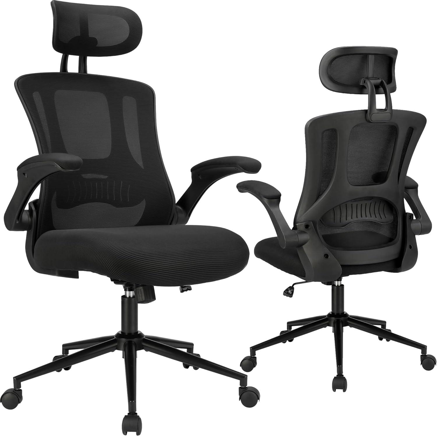 PrimeZone Ergonomic Office Desk Chair - Comfy Mesh Computer Chair with Flip-up Arms & Lumbar Support & Headrest & Tilt Function, Big and Tall High Back Chair for Home Office, 300 lbs Capacity, Black