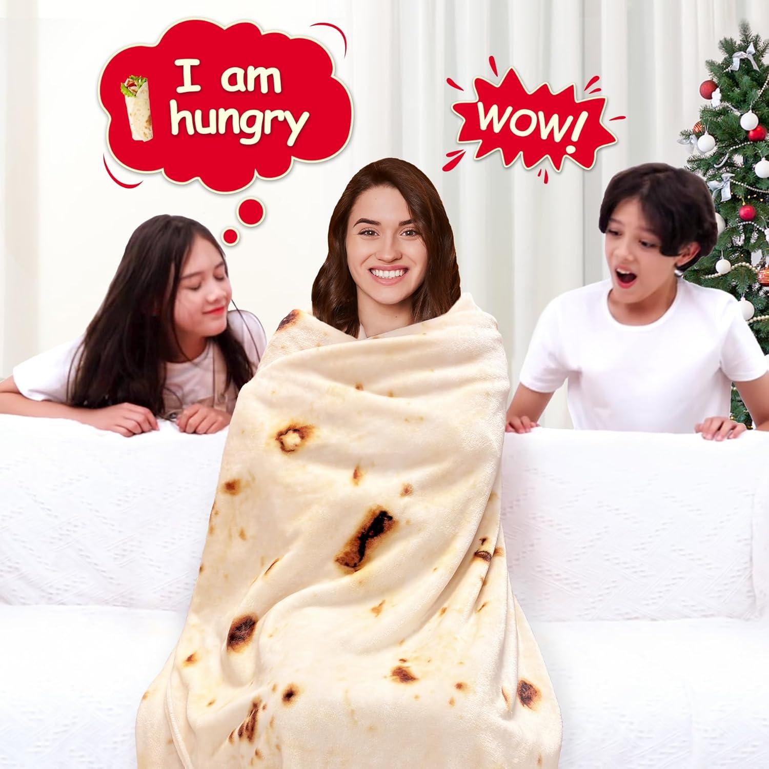 Burritos Tortilla Throw Blanket 2.0 Double Sided 71 inches for Adult and Kids, Giant Funny Realistic Food Blankets, 285 GSM Novelty Soft Flannel Taco Blanket (Yellow -Double Sided)