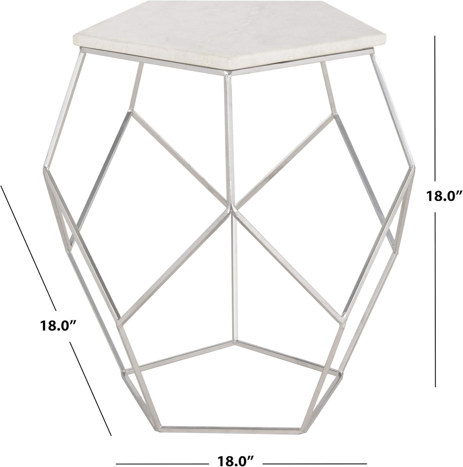 Transitional Hexagonal 18" Silver Stone & Metal Side Table