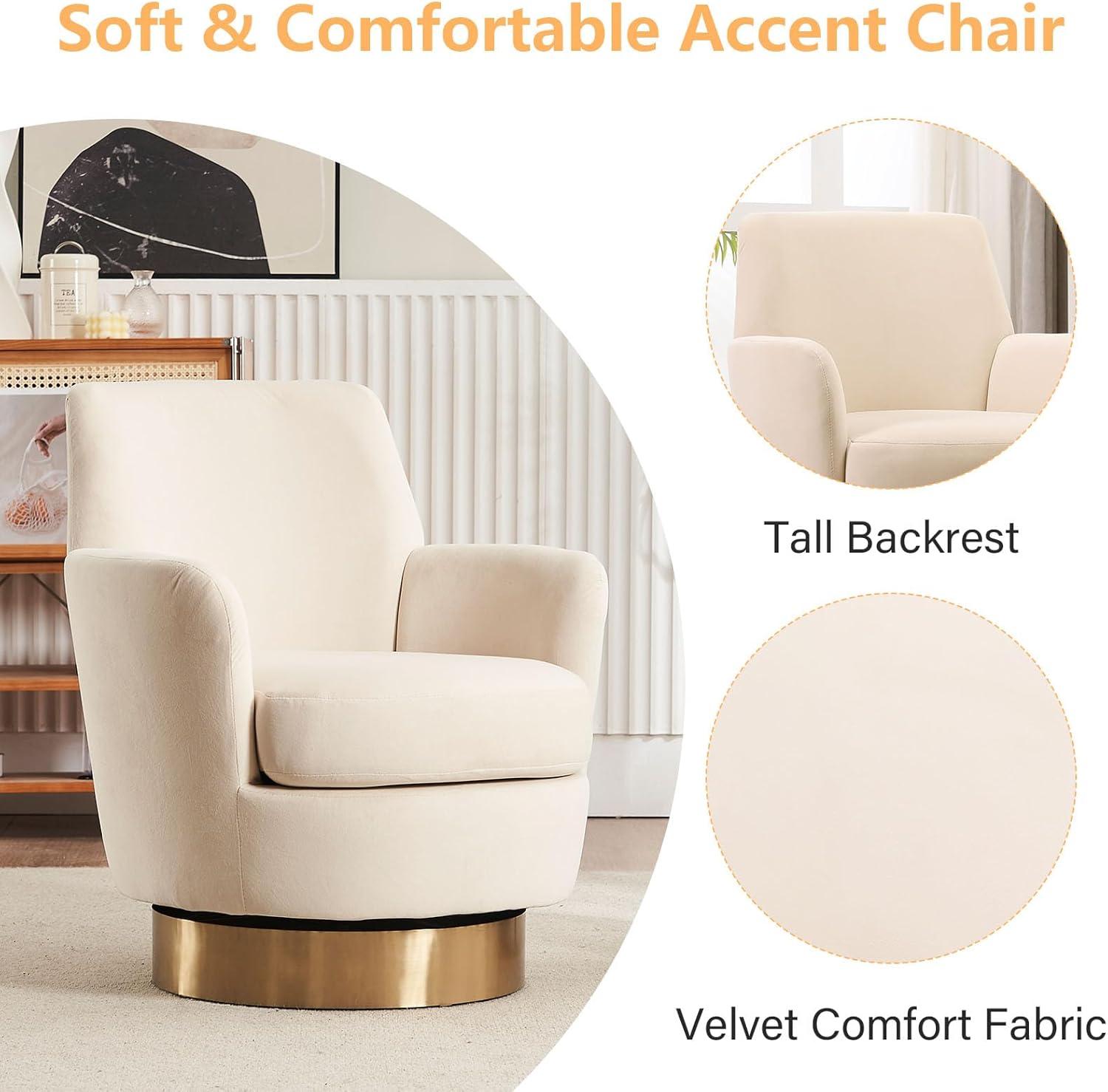 Beige Velvet Swivel Barrel Chairs with Gold Base, Set of 2