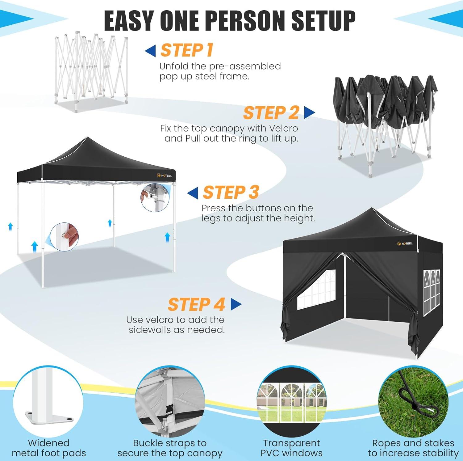 HOTEEL 10x10 Pop up Canopy Tent, Outdoor Tent with Mesh Window, Instant Tents for Party, Camping, Commercial, Waterproof Gazebo with 4 Removable Sidewalls, Black