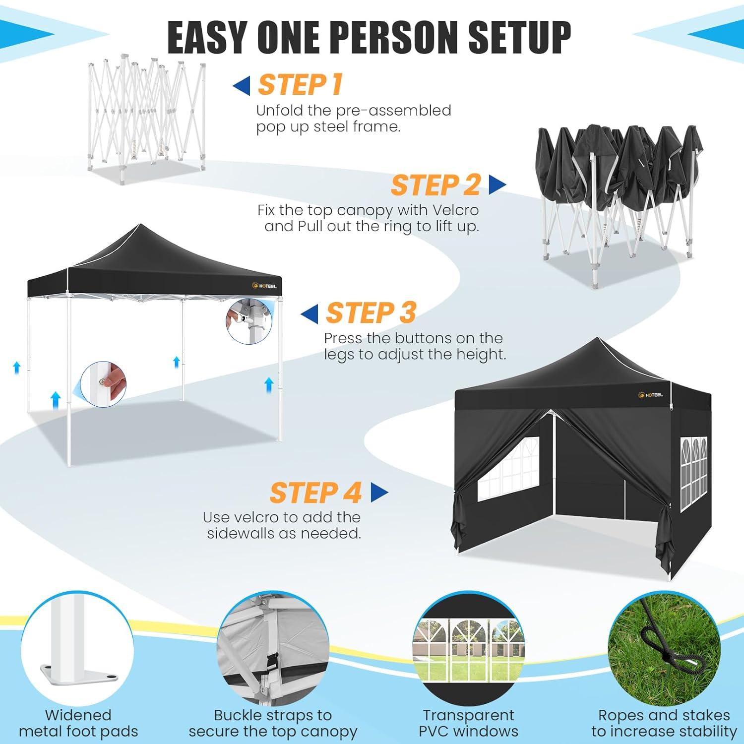 COBIZI 10x10 Heavy Duty Pop Up Canopy Tent with 4 Sidewalls, Commercial Instant Waterproof Shelter, UV 50+ with Silver Coated, Upgraded Thickened Hexagonal Legs,Black