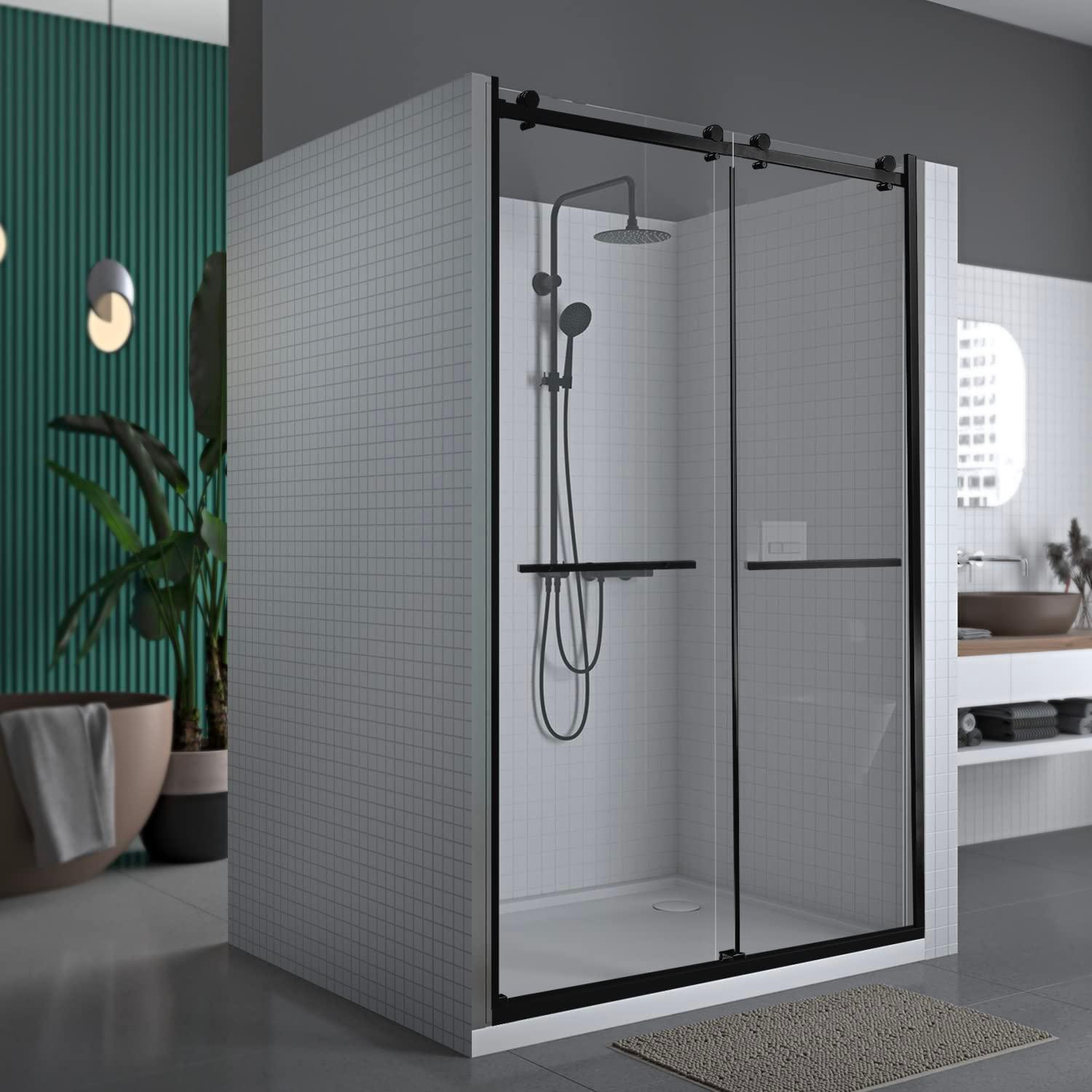56" - 60" W 74” H Double Sliding Frameless Shower Door with Fixed Glass Panel