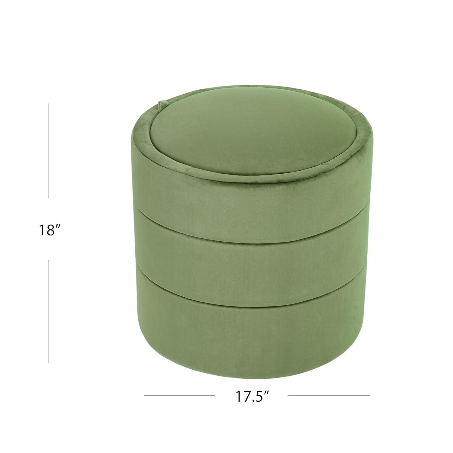 Storage Round Ottoman Green Velvet - HomePop: Upholstered Footstool, No Assembly, Polyester