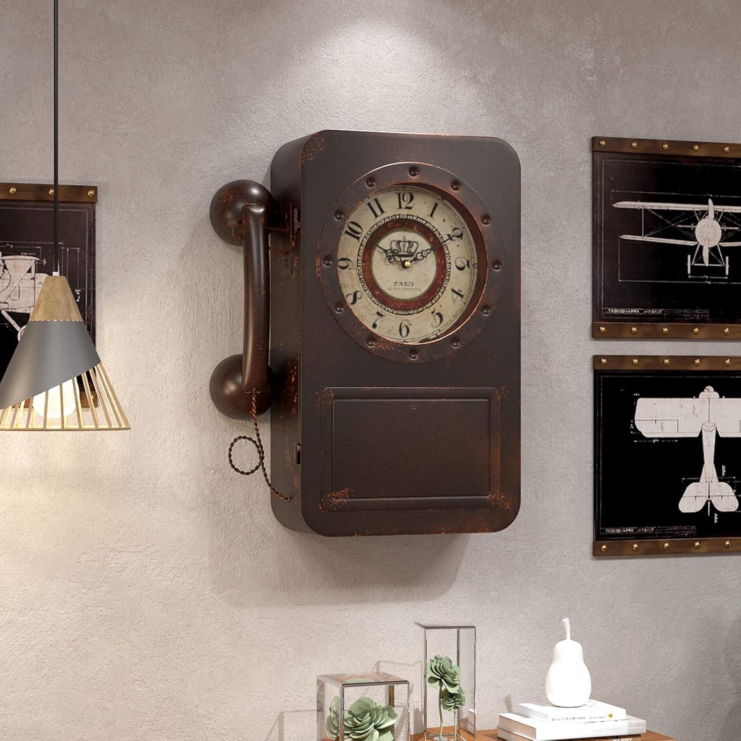 Retro Old Telephone Wall Clock with Hidden Safe, Battery Operated Quartz Metal Wall Clocks, Large Rectangular Vintage Decor Clocks, for Farmhouse, Living Room(16" H x 12" W x 4" D)