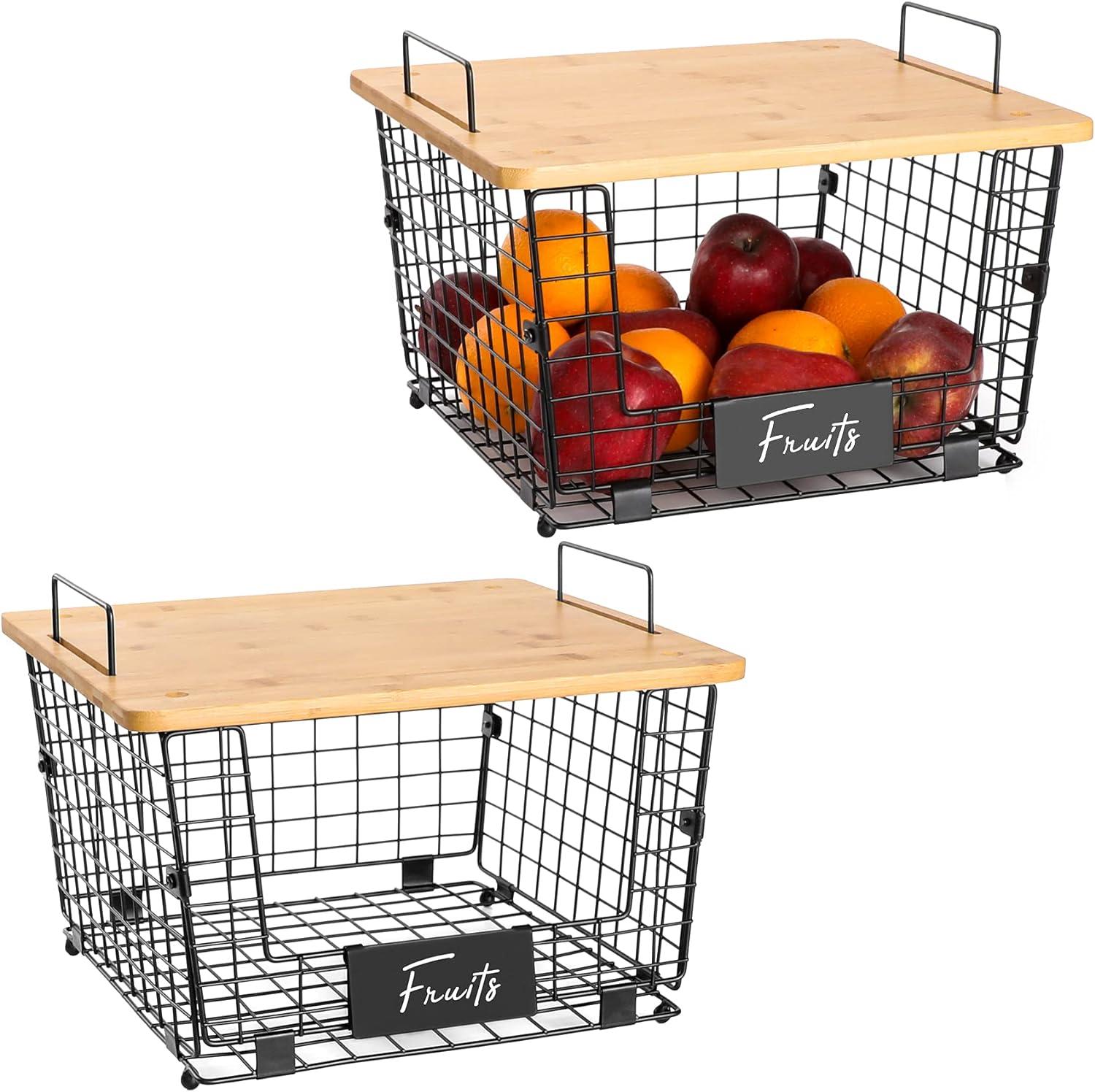 2 Set Stackable Wire Basket with Bamboo Top -Kitchen Counter, Pantry Organization and Storage - Cabinet, Shelf, Countertop Space Saving Organizing - Produce, Fruit, Onion, Potato, Bread Organizer Bin