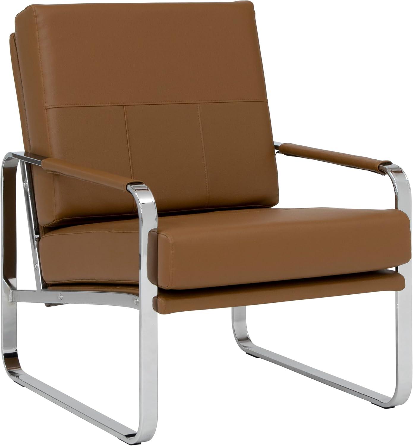 Caramel Brown Leather Reclining Accent Chair with Chrome Frame