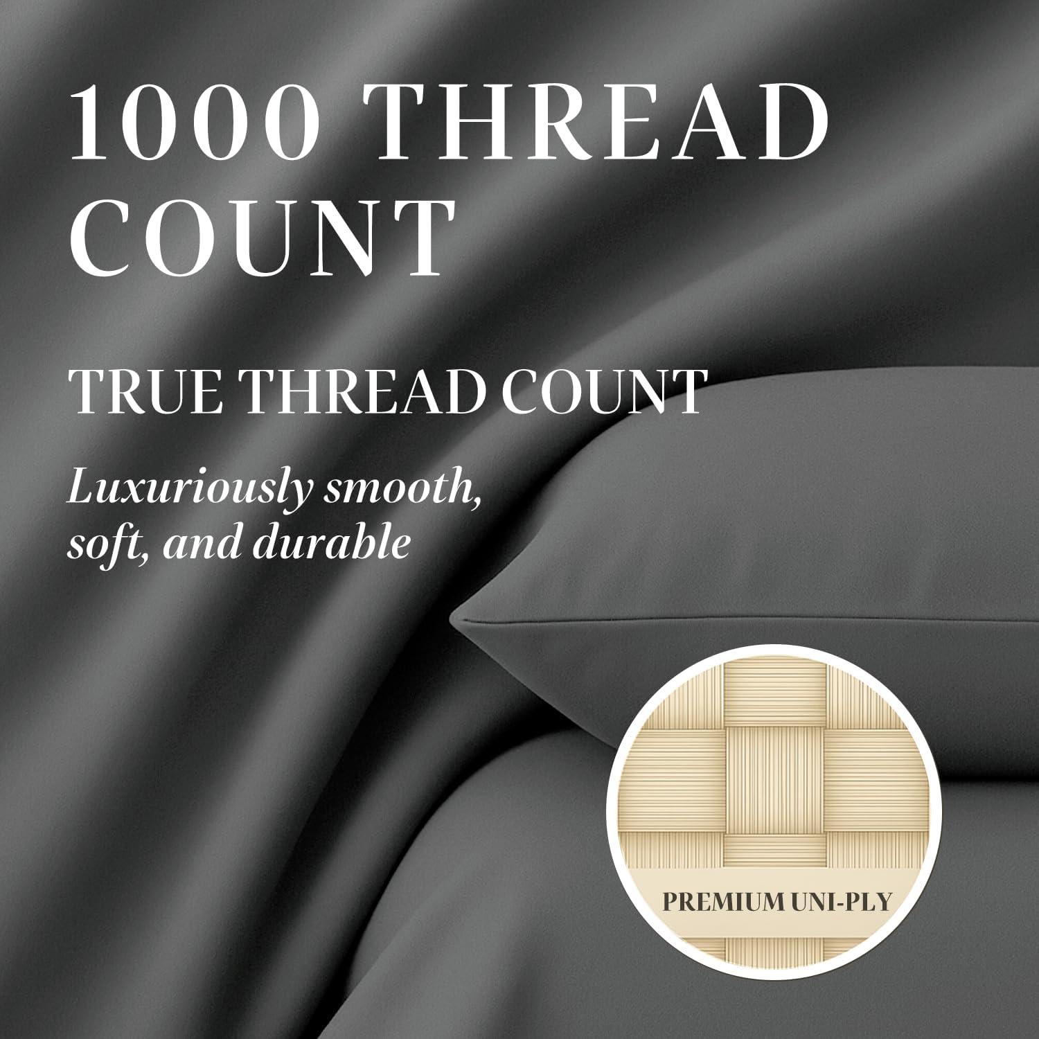 Hyde Lane Luxury 1000 Thread Count 100% Cotton Sheets | Very Soft & Thick - Fits Upto 20" Mattress | Sateen Weave Bed Sheets 18" Deep Pocket- 4 PC Sheet Set (Grey, California King)