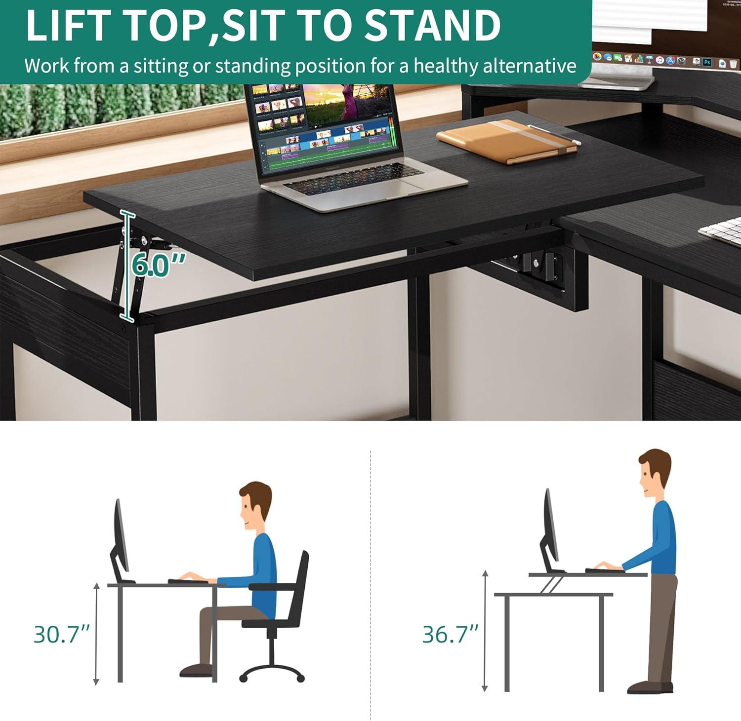 L Shaped Computer Desk with File Drawer, 65" L Shaped Desk with Monitor Stand, Height Adjustable Standing Desk , Black