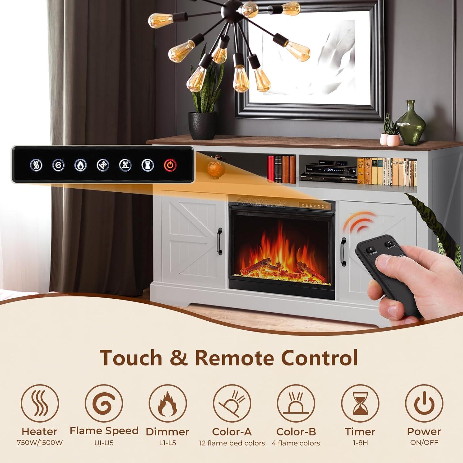 R.W.FLAME 60''W Media Console TV Stand For TVs With Electric Fireplace & Adjustable Led Flame