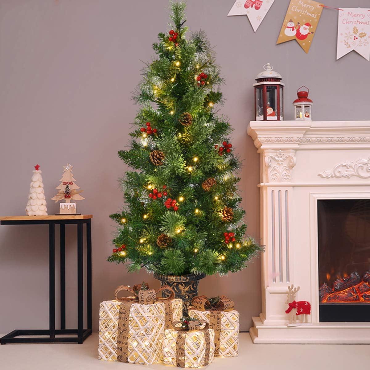 5-Foot Pre-Lit Green Christmas Tree with Pine Cones and Red Berries