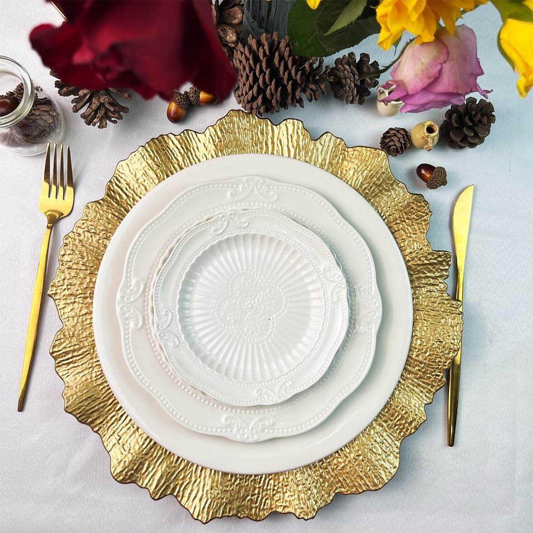 Craft and Party Charger Plate, 6 pcs 13" Round Gold Plastic Reef Charger Plate For Weddings And Elegant Settings With A Metallic Finish