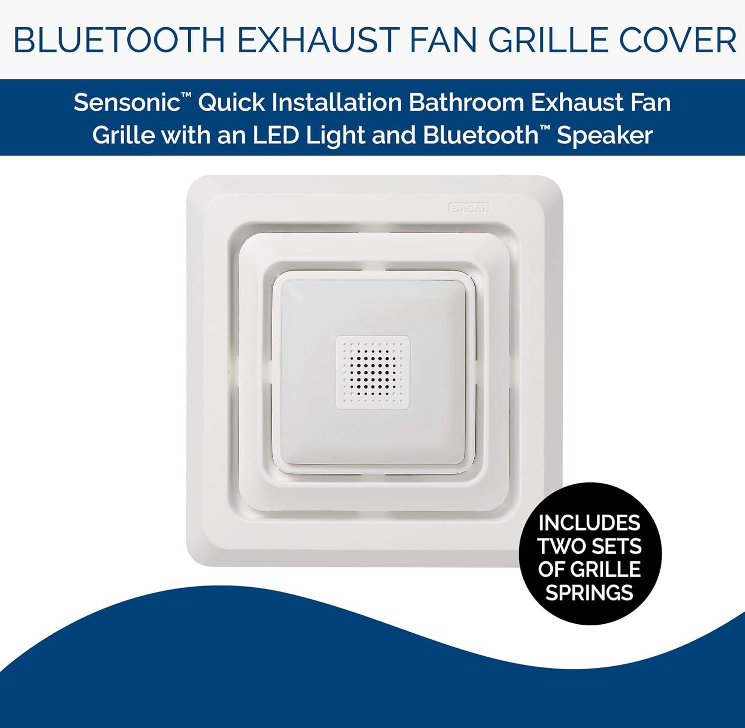 BROAN NuTone FG800SPKS ENERGY STAR Certified Bluetooth Speaker Bathroom Exhaust Grille Cover with LED Light Bath Fan, White