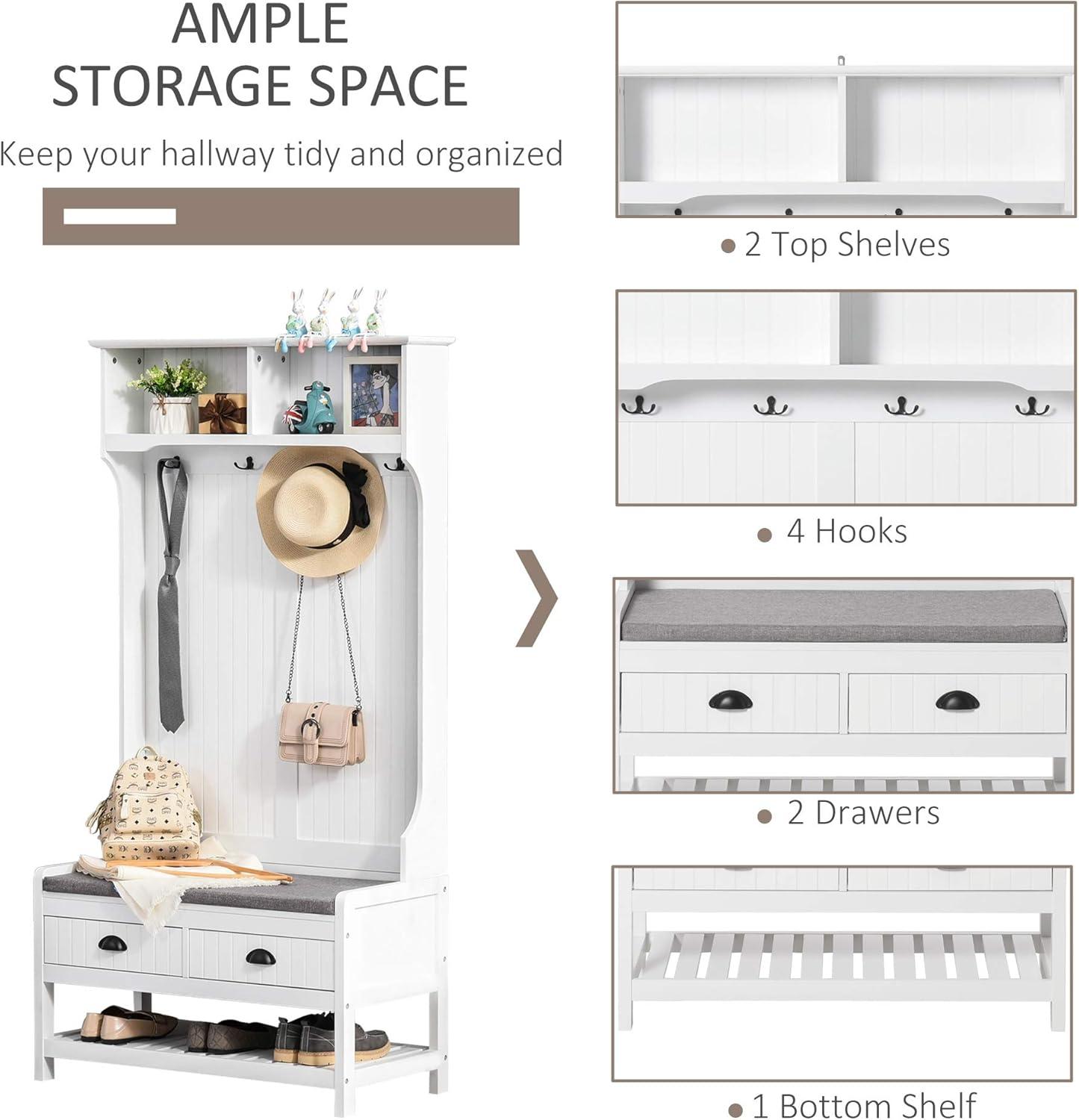 HOMCOM Hall Tree, Coat Rack and Bench Seat with 4 Hooks, 2 Drawers, White