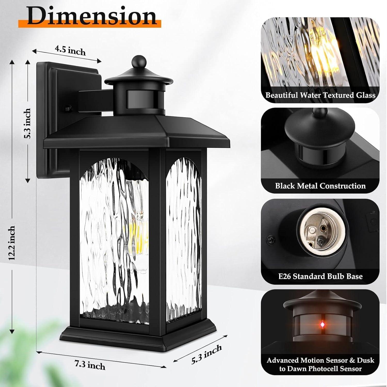 2 Pack Motion Sensor Outdoor Wall Lights, Dusk to Dawn Lighting, Led Exterior Light Fixture, Aluminum Lantern for Front Porch, Waterproof Black Outdoor Wall Sconce for House Garage Patio