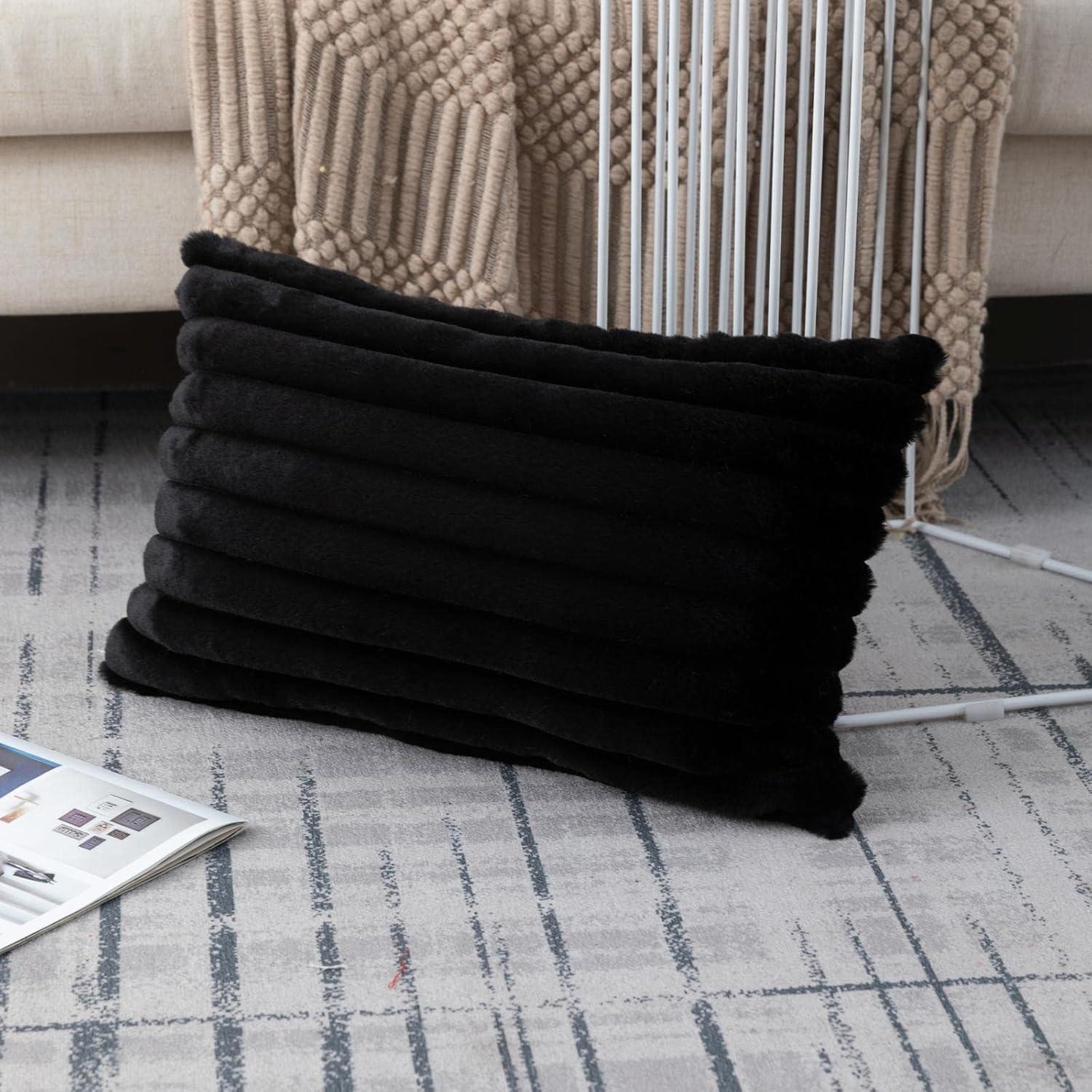 ZLINA Set of 2 Black Faux Fur Decorative Throw Pillow Covers Fluffy Striped Pillowcase Cushion Covers 12 x 20 Inch Decor Sofa Couch Bedroom