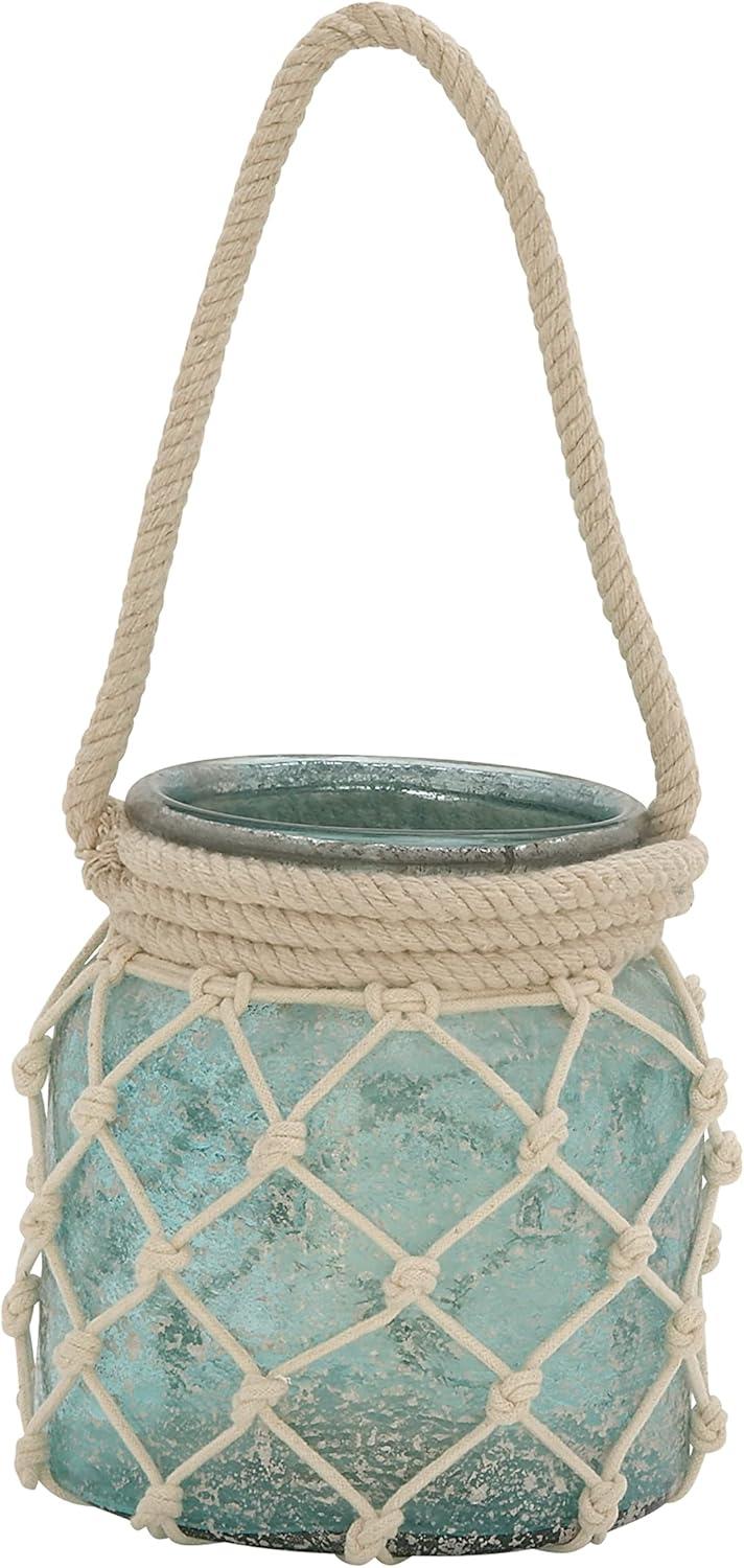 DecMode Blue Glass Decorative Candle Lantern with Rope Handle