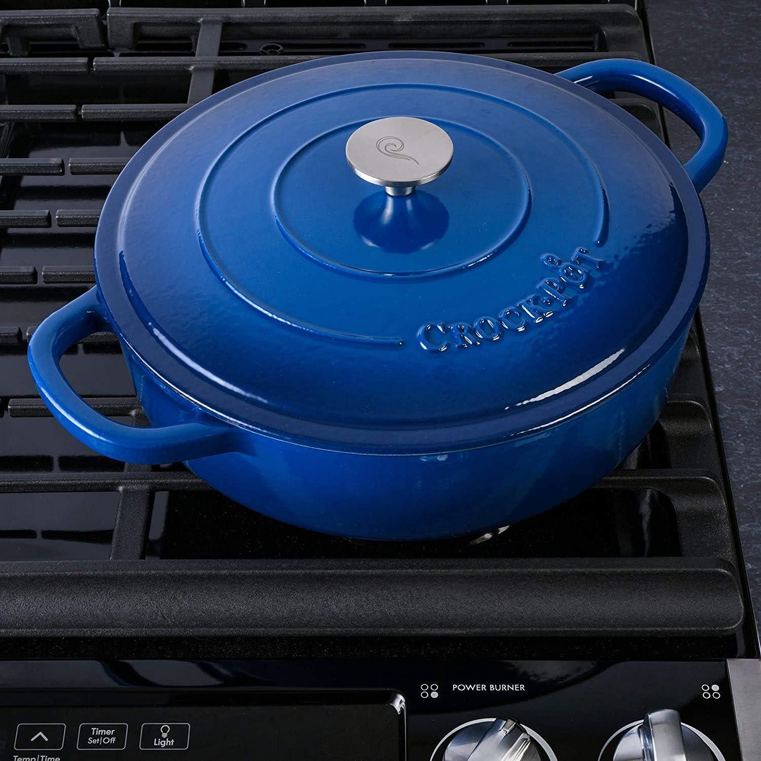 Crock Pot Artisan Enameled 5 Quart Cast Iron Round Braiser Pan with Self Basting Lid in Sapphire Blue