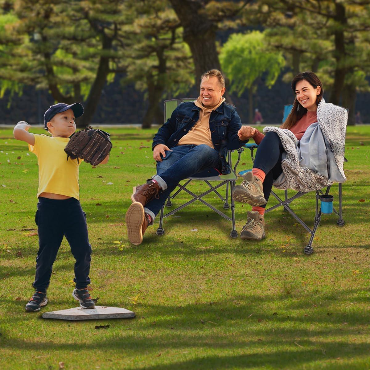 Luxury Heated Portable Camp Chair - Blue/Grey - Great for Camping, Sports and the Beach