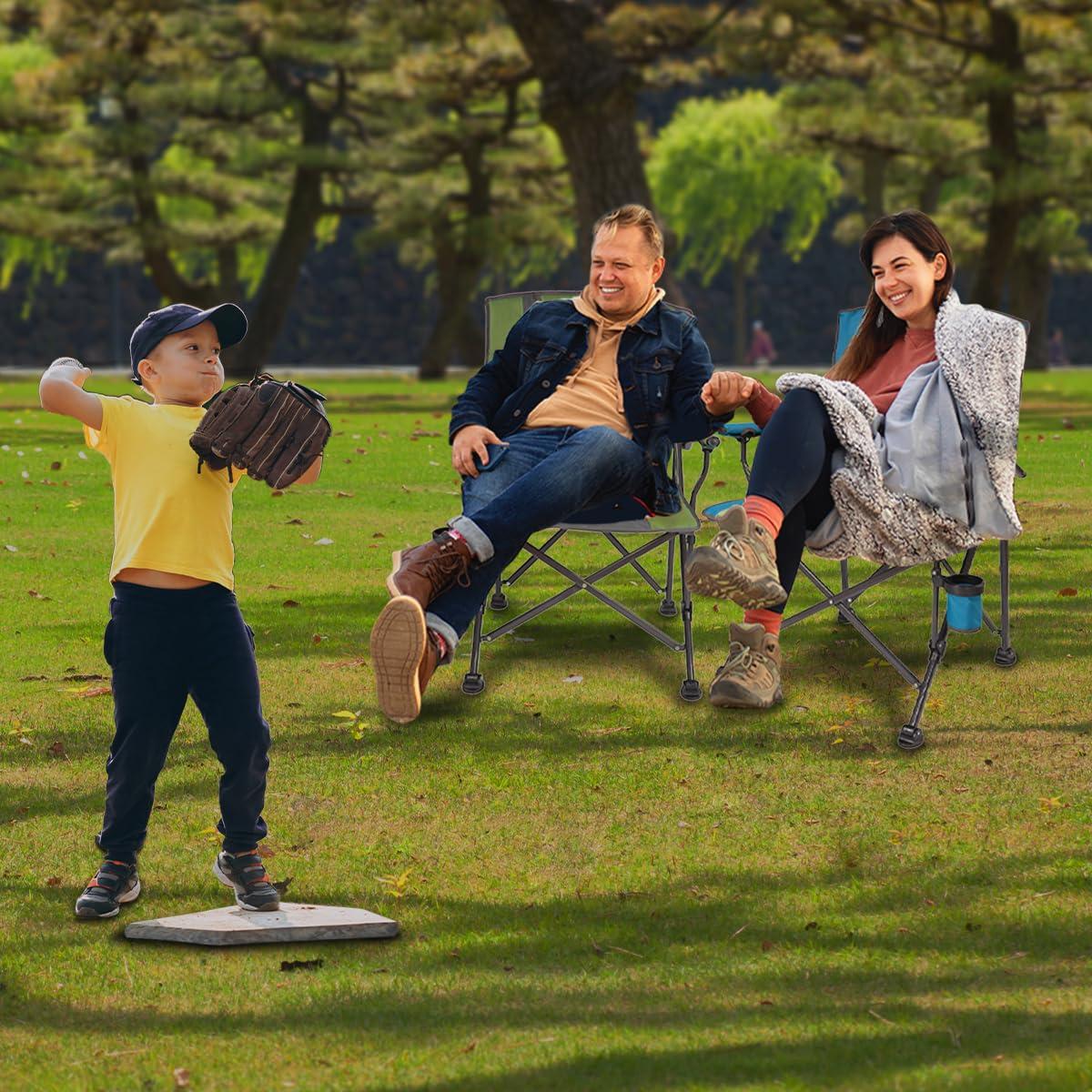 Luxury Heated Portable Camp Chair - Blue/Grey - Great for Camping, Sports and the Beach