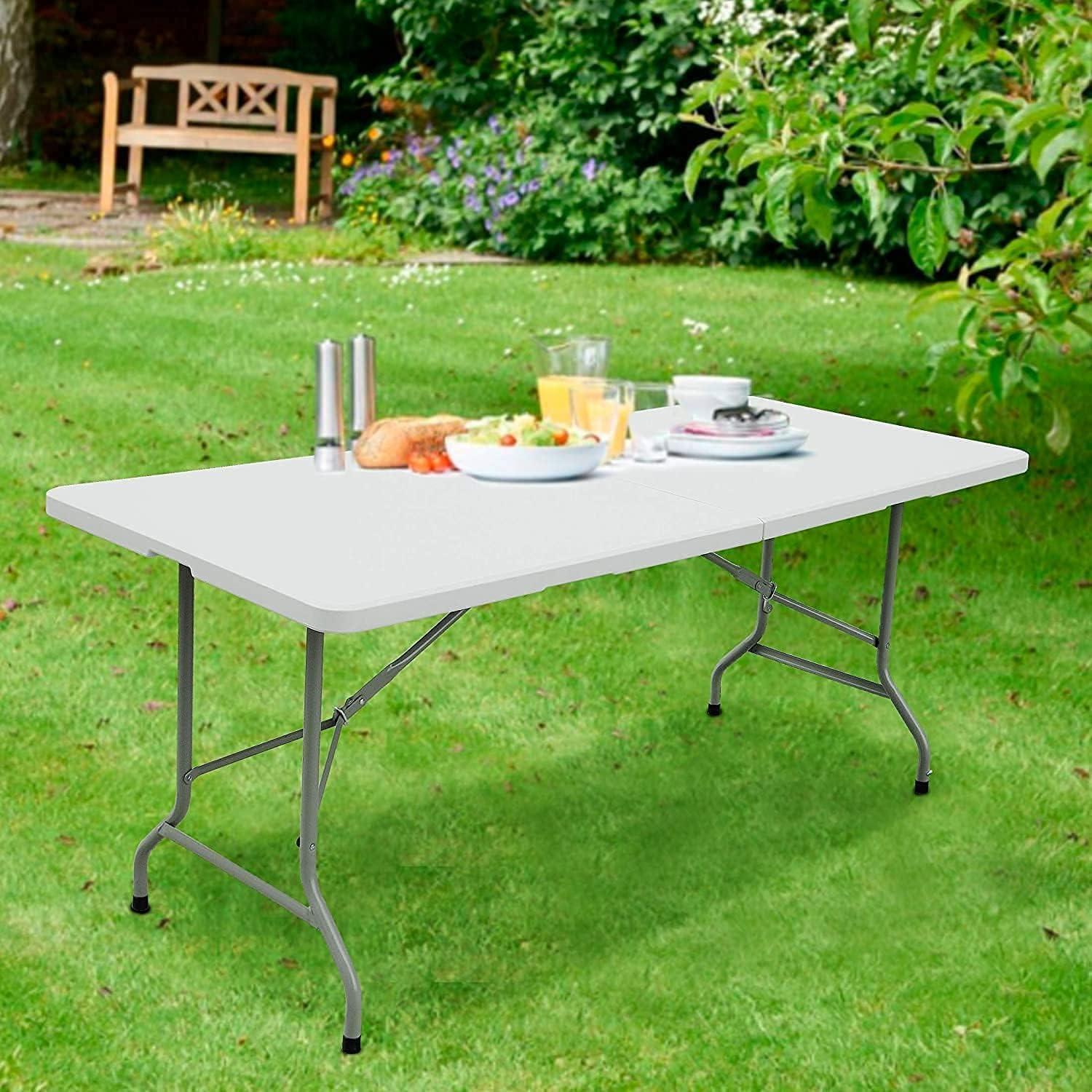 6-Foot White Plastic Folding Table with Steel Frame