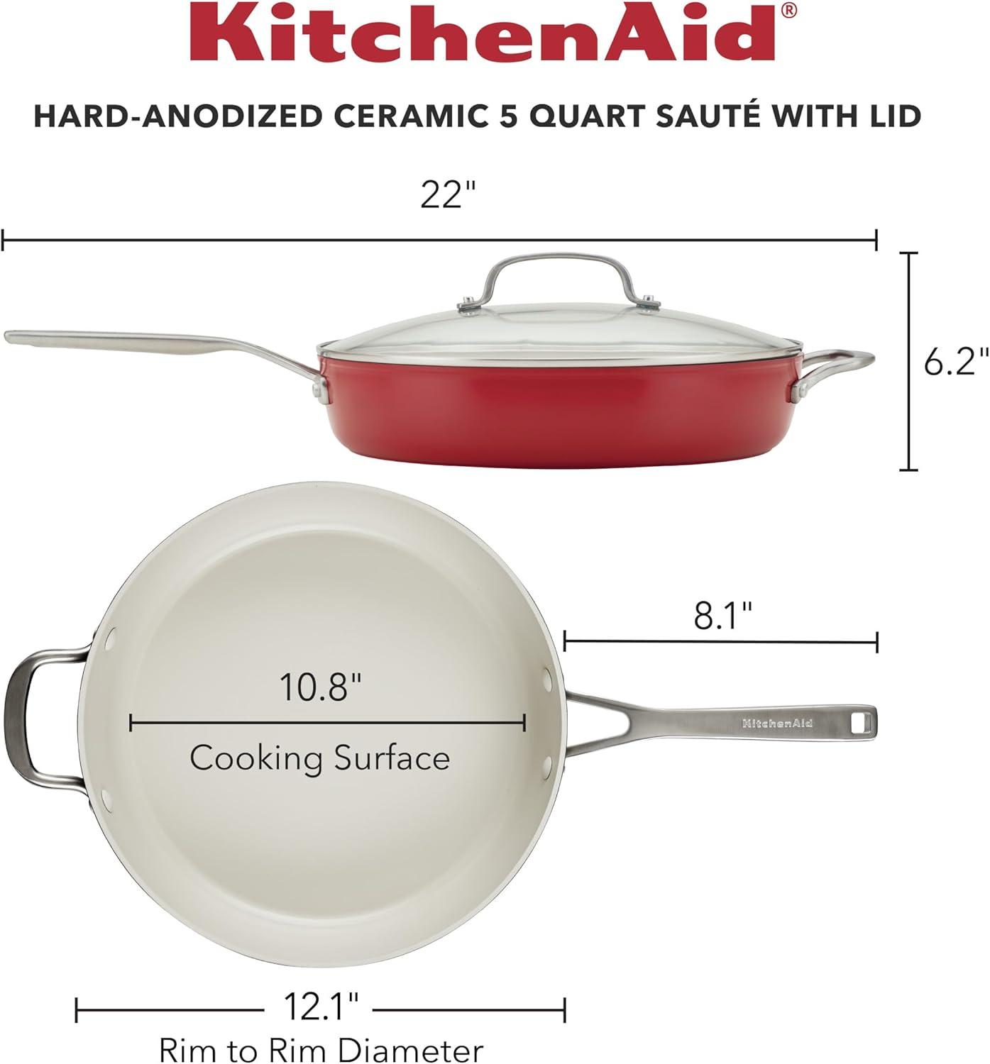 KitchenAid 5qt Hard Anodized Ceramic Nonstick Saute Pan with Lid Empire Red: Hand Wash, Gas & Electric Compatible