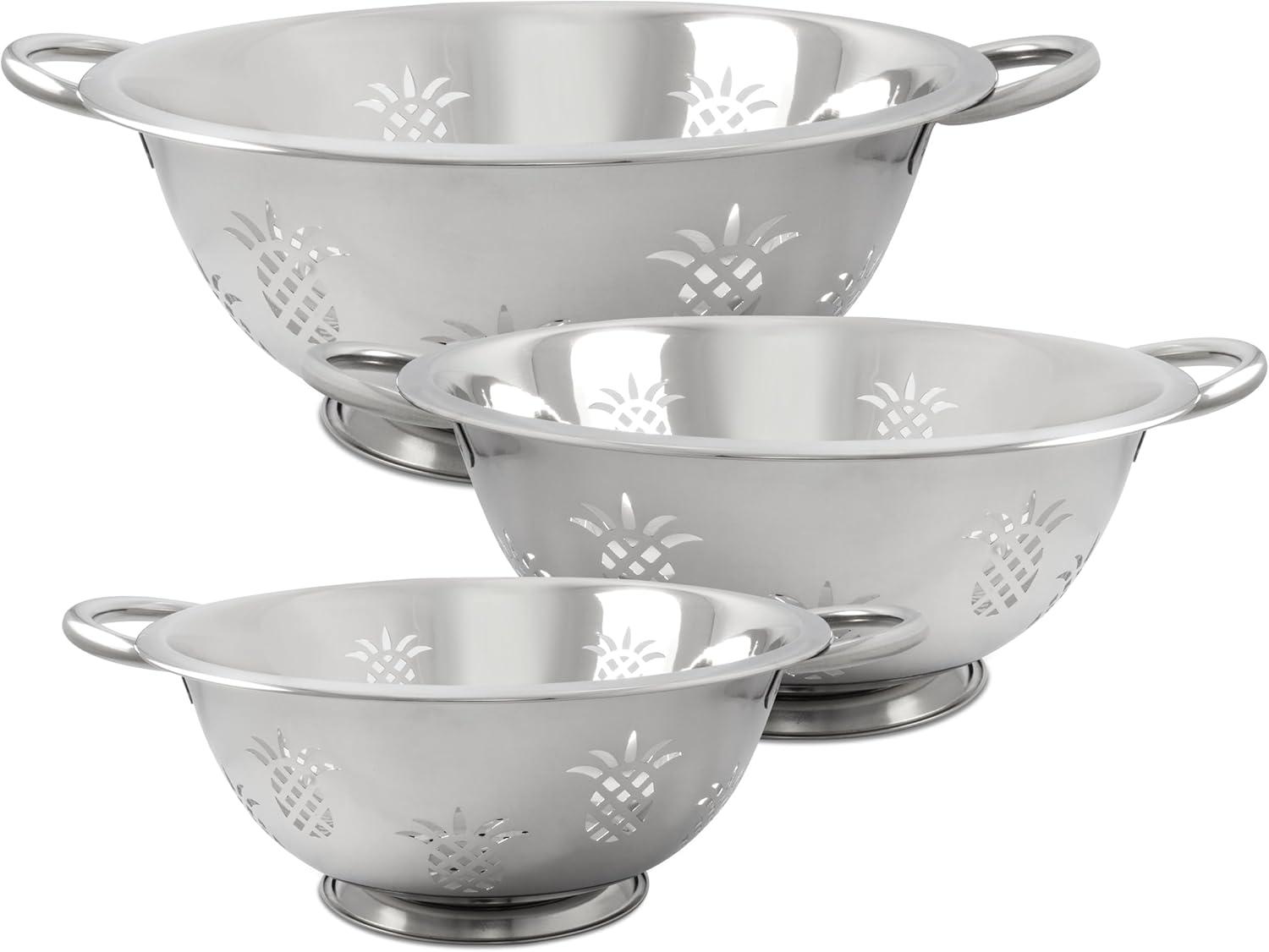 Stainless Steel Pineapple Patterned Colander Set with Handles, 3 Piece