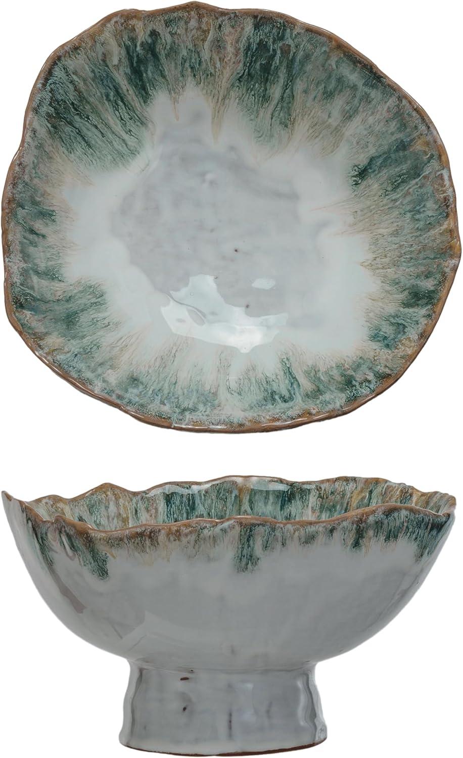 Green and Brown Speckled Stoneware Bowl with Stand