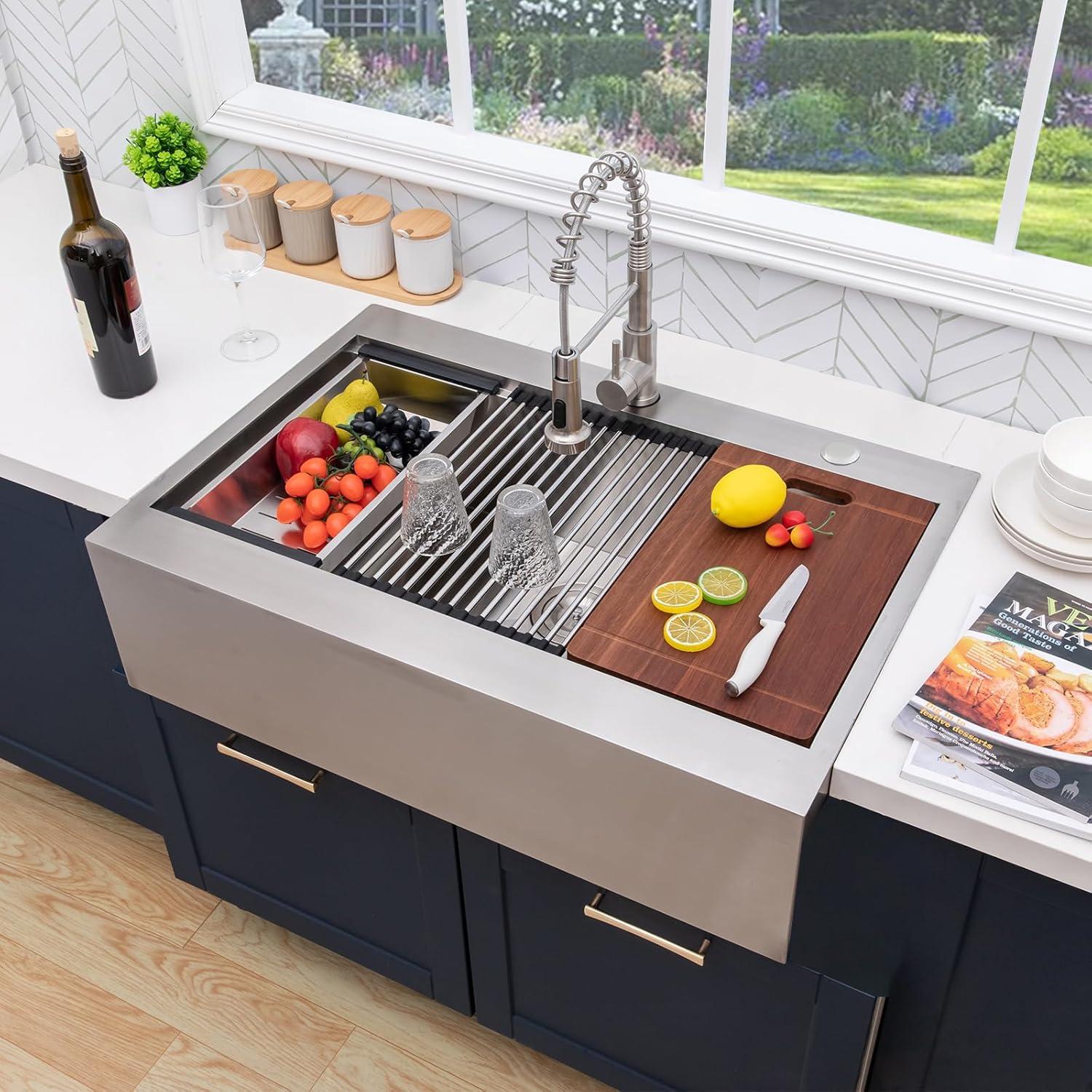 33-Inch Brushed Stainless Steel Farmhouse Drop-In Sink with Accessories