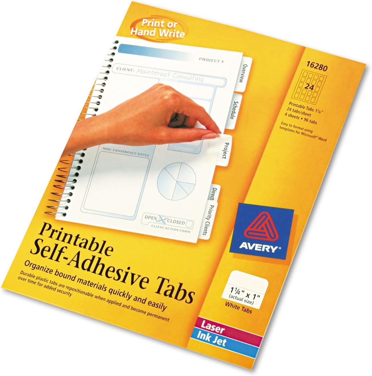 Avery Printable Plastic Tabs with Repositionable Adhesive 1 1/4 White 96/Pack 16280