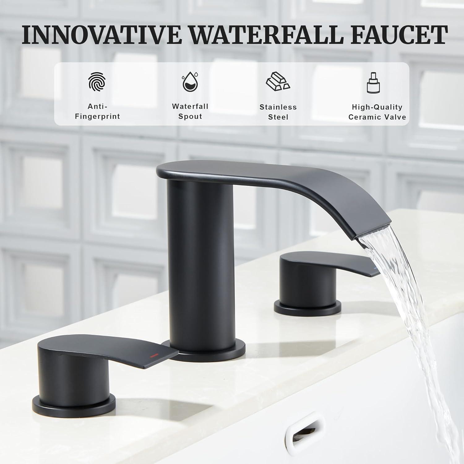 Waterfall Bathroom Sink Faucet Matte Black, Two Handles Bathroom Faucet with Metal Pop up Sink Drain Stopper, 2 or 3 Holes Bathroom Basin Lavatory Mixer Tap with Deck Mount Plate